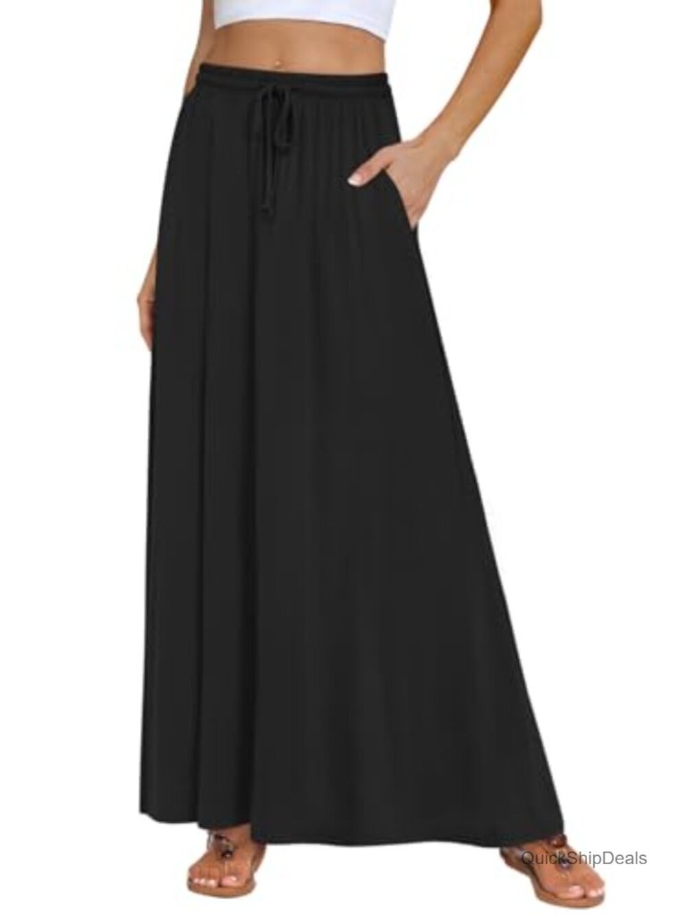Women's Flowy Maxi Skirt with Pockets Elastic High Waist A-Line Casual